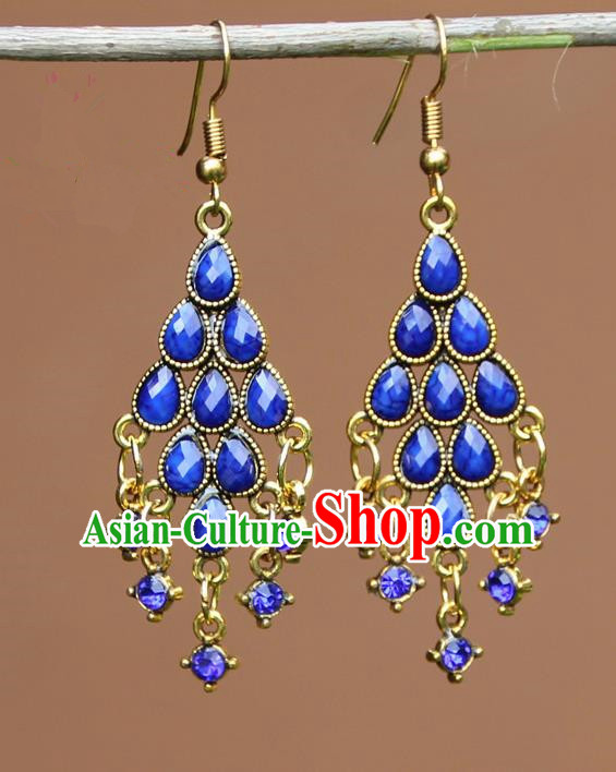 Chinese Traditional Royalblue Crystal Earrings Yunnan National Minority Ear Accessories for Women