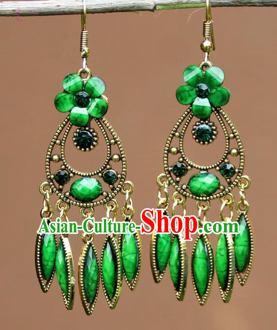 Chinese Traditional Green Flower Earrings Yunnan National Minority Ear Accessories for Women
