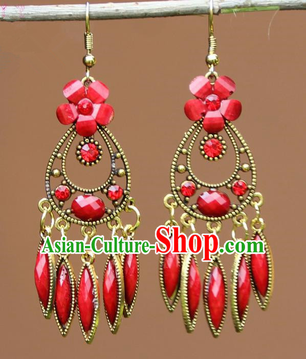 Chinese Traditional Red Flower Earrings Yunnan National Minority Ear Accessories for Women