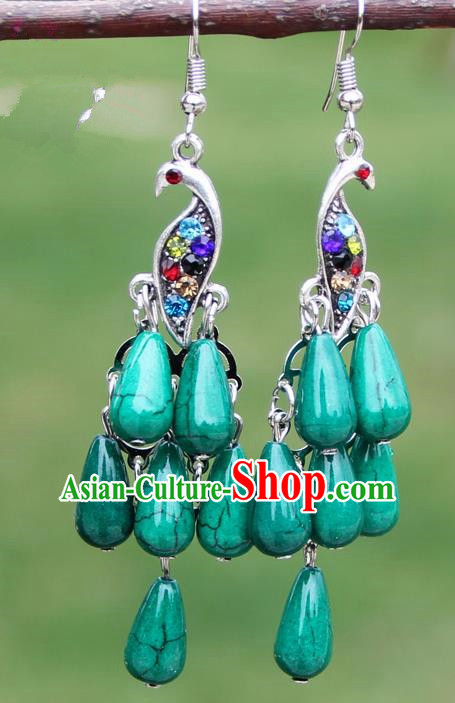Chinese Traditional Green Peacock Tassel Earrings Yunnan National Minority Ear Accessories for Women