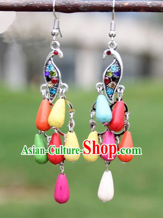 Chinese Traditional Colorful Peacock Tassel Earrings Yunnan National Minority Ear Accessories for Women