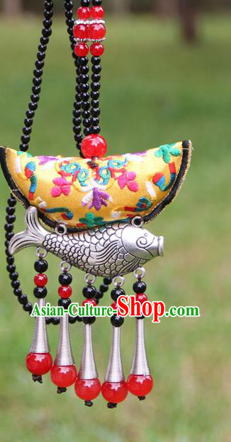 Chinese Traditional Accessories Yunnan Minority Embroidered Yellow Sliver Fish Necklace for Women