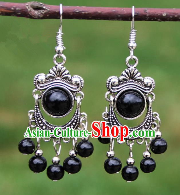 Chinese Traditional Black Beads Tassel Earrings Yunnan National Minority Ear Accessories for Women