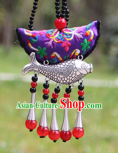 Chinese Traditional Accessories Yunnan Minority Embroidered Purple Sliver Fish Necklace for Women