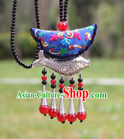 Chinese Traditional Accessories Yunnan Minority Embroidered Blue Sliver Fish Necklace for Women