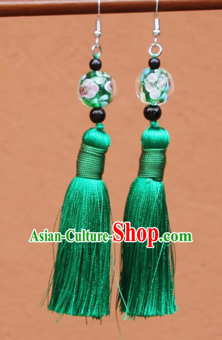 Chinese Traditional Green Tassel Earrings Yunnan National Minority Colored Glaze Eardrop for Women