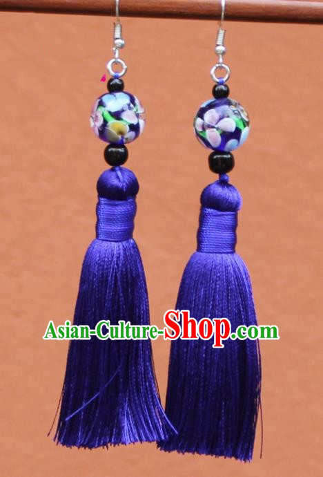 Chinese Traditional Purple Tassel Earrings Yunnan National Minority Colored Glaze Eardrop for Women