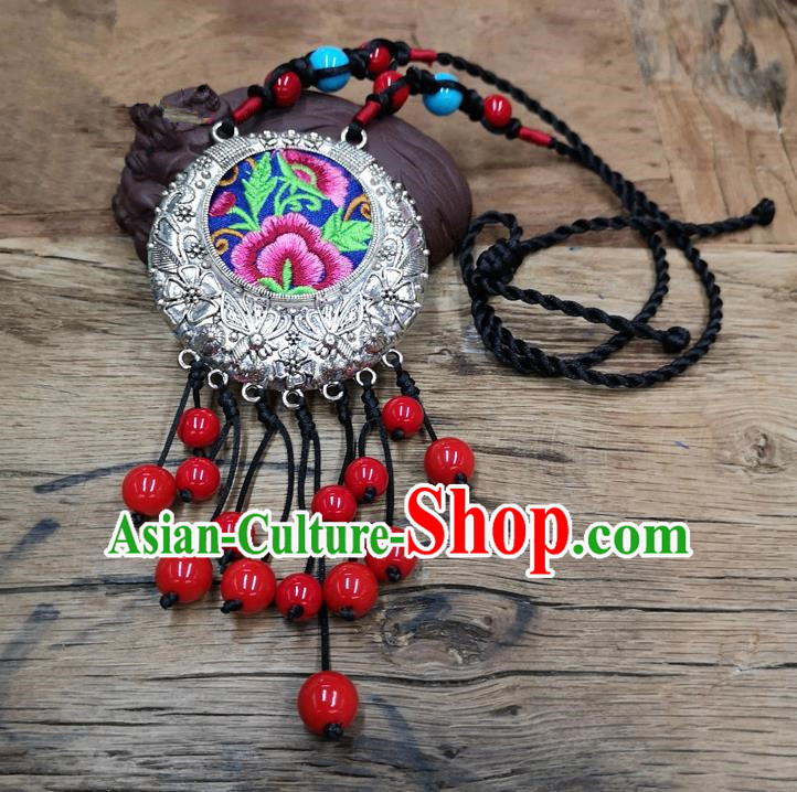 Chinese Traditional Jewelry Accessories Yunnan Minority Embroidered Pink Peony Necklace for Women