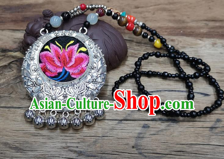 Chinese Traditional Jewelry Accessories Yunnan Miao Minority Embroidered Pink Lotus Necklace for Women