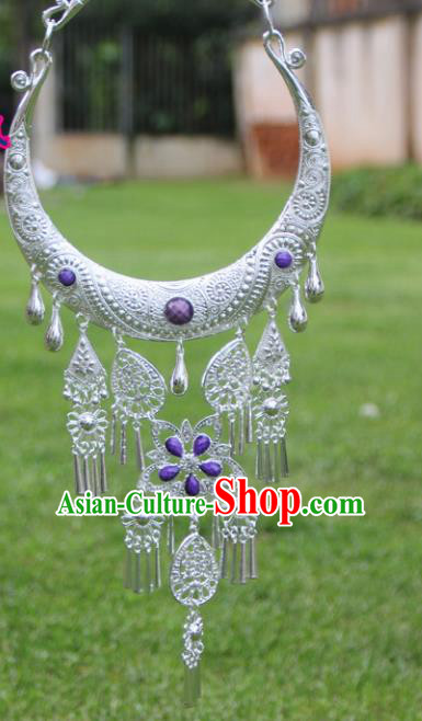 Chinese Traditional Ethnic Accessories Yunnan Miao Minority Purple Sliver Necklace for Women