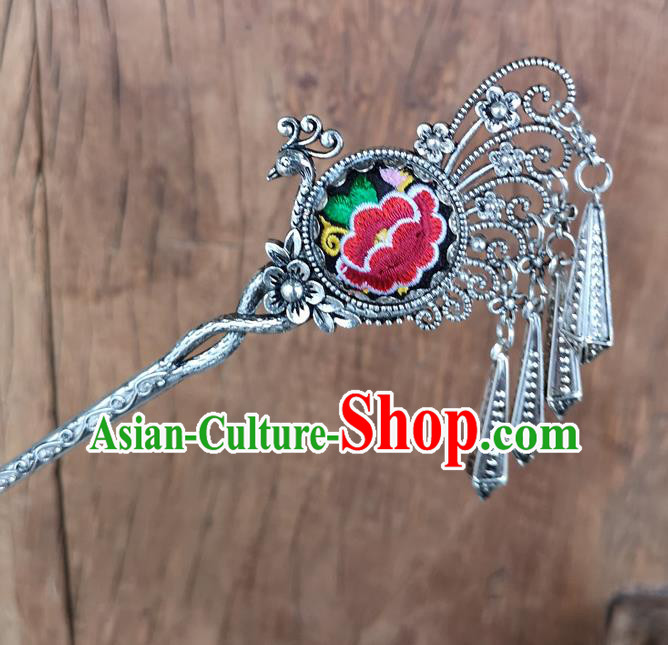 Chinese Traditional Ethnic Hair Accessories Ancient Embroidered Red Peony Peacock Hairpins for Women