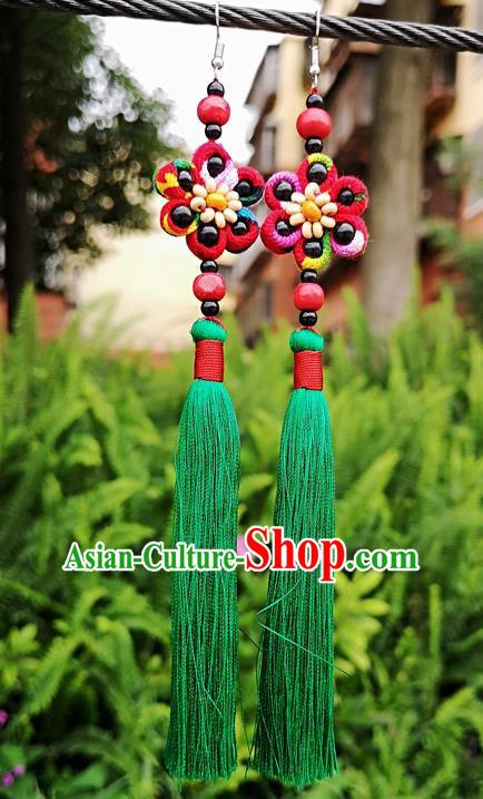 Chinese Traditional Ethnic Earrings Yunnan National Green Tassel Ear Accessories for Women