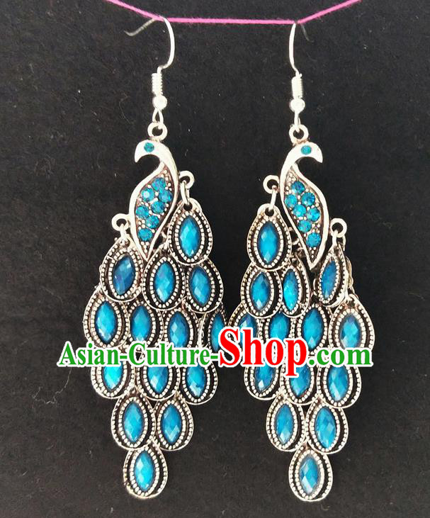 Chinese Traditional Ethnic Earrings Yunnan National Blue Crystal Peacock Ear Accessories for Women