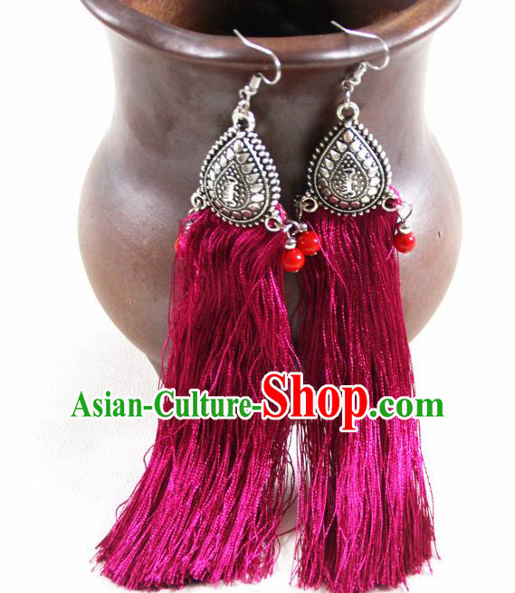 Chinese Traditional Ethnic Rosy Tassel Earrings Yunnan National Ear Accessories for Women