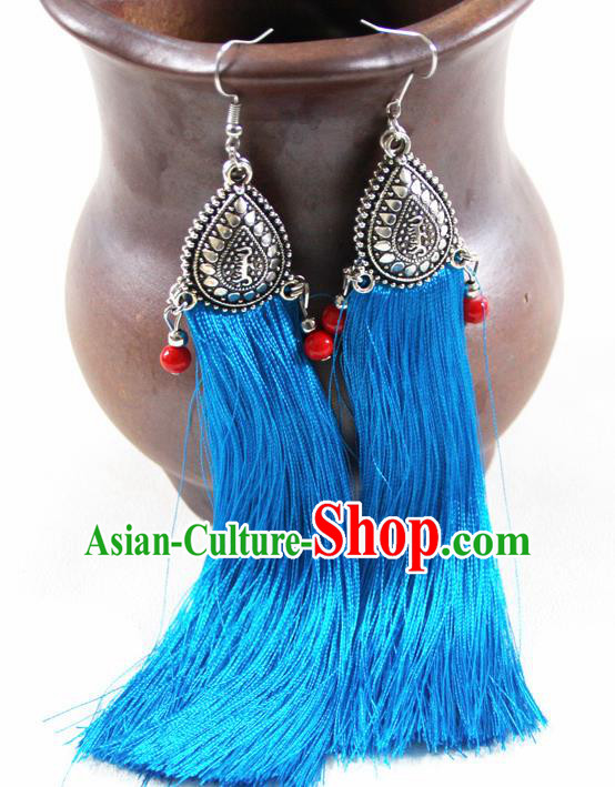 Chinese Traditional Ethnic Blue Tassel Earrings Yunnan National Ear Accessories for Women