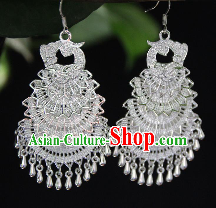 Chinese Traditional Ethnic Argent Peacock Earrings Yunnan National Ear Accessories for Women