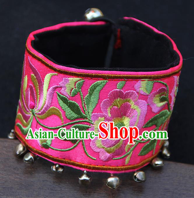 Chinese Traditional Ethnic Wrist Accessories Miao Nationality Embroidered Pink Bracelet for Women