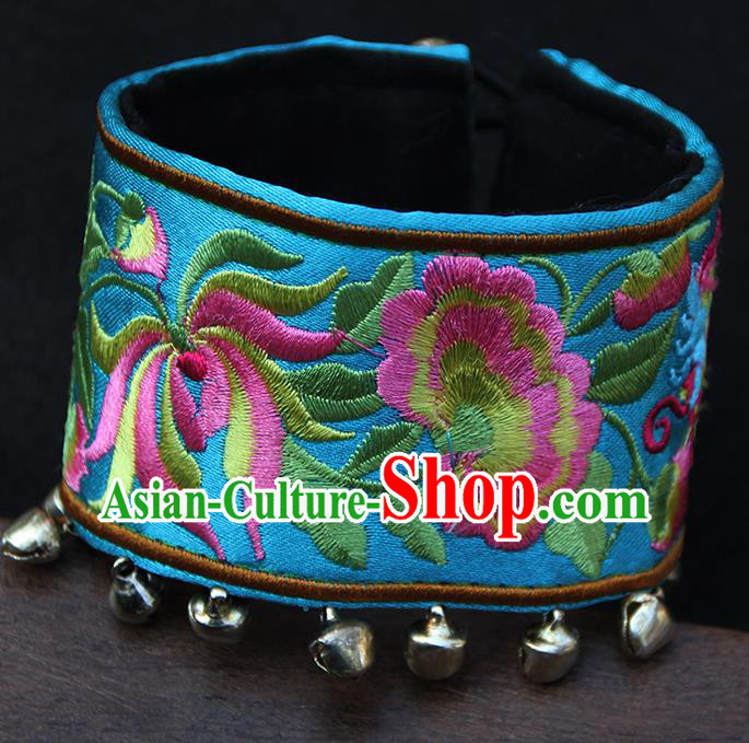 Chinese Traditional Ethnic Wrist Accessories Miao Nationality Embroidered Blue Bracelet for Women