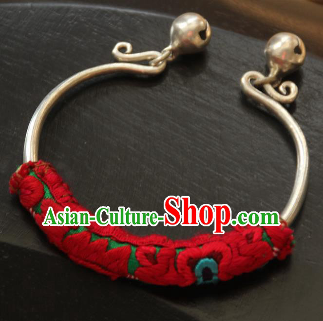 Chinese Traditional Ethnic Wrist Accessories Miao Nationality Embroidered Sliver Bracelet for Women