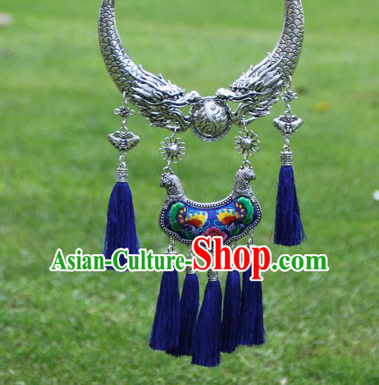 Chinese Traditional Minority Carving Dragons Embroidered Peony Blue Necklace Ethnic Folk Dance Accessories for Women