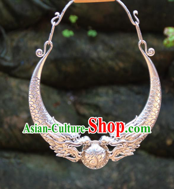 Chinese Traditional Minority Carving Dragons Necklace Ethnic Folk Dance Accessories for Women