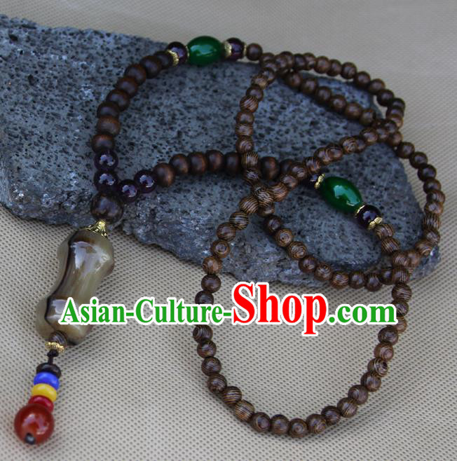 Chinese Traditional Miao Minority Sandalwood Beads Necklace Ethnic Folk Dance Accessories for Women