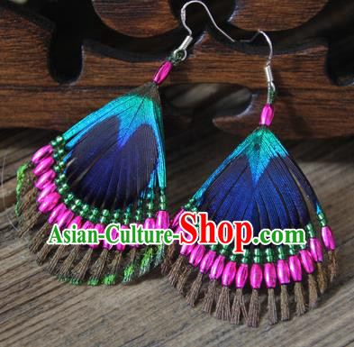 Chinese Traditional Ethnic Rosy Beads Feather Earrings National Ear Accessories for Women