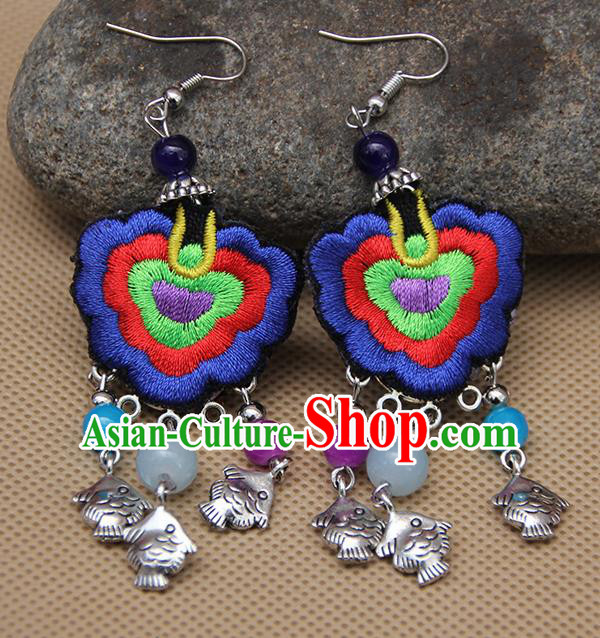 Chinese Traditional Ethnic Royalblue Embroidered Earrings National Ear Accessories for Women