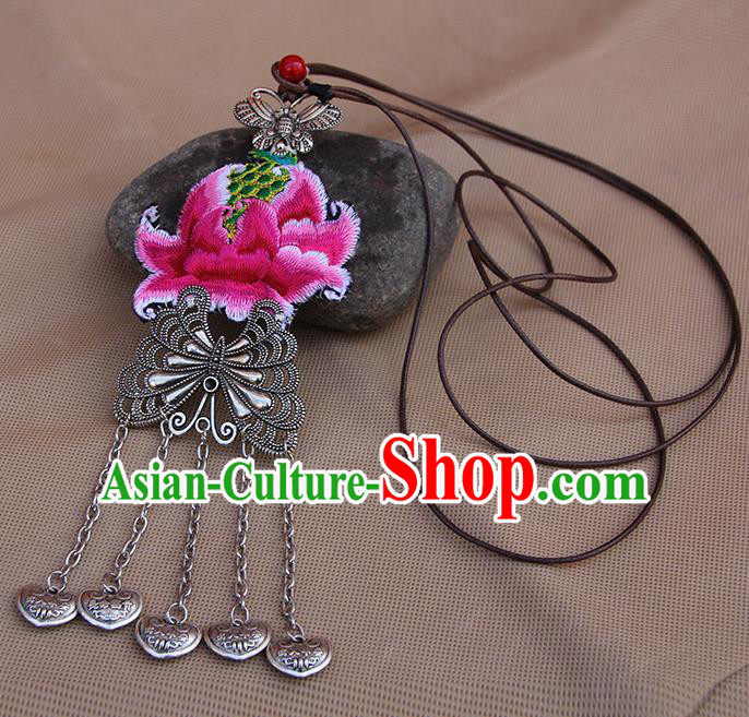 Chinese Traditional Miao Minority Embroidered Pink Lotus Necklace Ethnic Folk Dance Accessories for Women