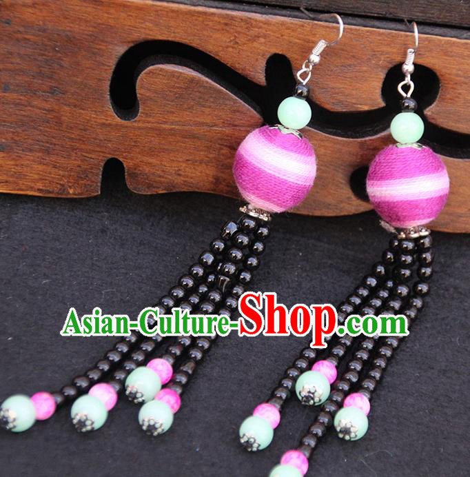 Chinese Traditional Ethnic Black Beads Tassel Venonat Earrings National Ear Accessories for Women