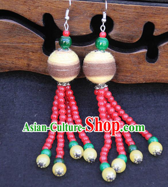 Chinese Traditional Ethnic Red Beads Tassel Venonat Earrings National Ear Accessories for Women