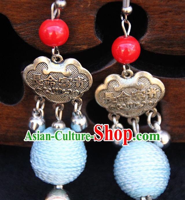 Chinese Traditional Ethnic Blue Venonat Longevity Lock Earrings National Ear Accessories for Women