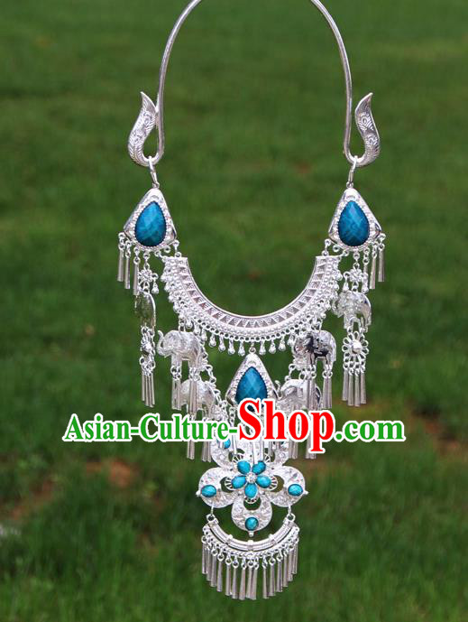 Chinese Traditional Miao Minority Blue Flowers Crystal Necklace Ethnic Accessories for Women