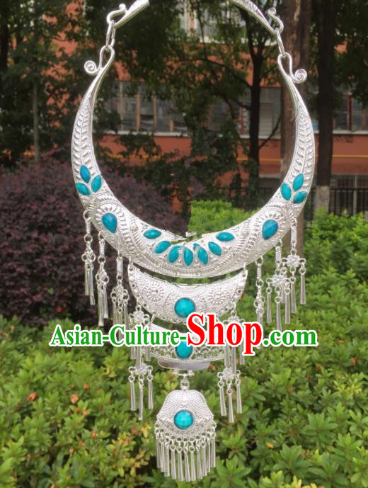 Chinese Traditional Jingpo Minority Blue Necklace Ethnic Folk Dance Accessories for Women