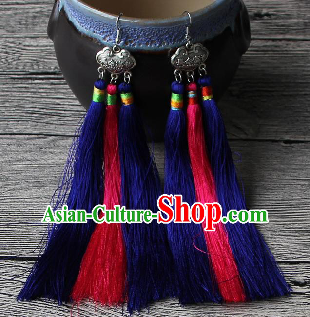 Chinese Traditional Ethnic Royalblue and Pink Tassel Earrings National Longevity Lock Ear Accessories for Women