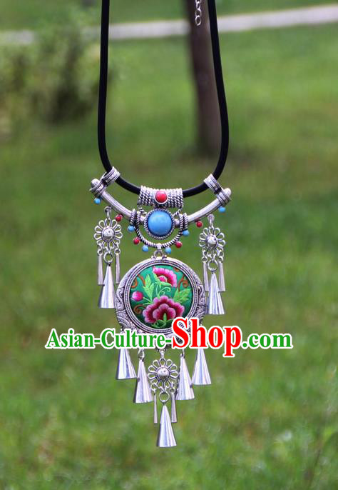 Chinese Traditional Minority Embroidered Peony Green Necklace Ethnic Folk Dance Accessories for Women