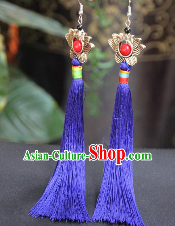 Chinese Traditional Ethnic Royalblue Tassel Lotus Earrings National Ear Accessories for Women