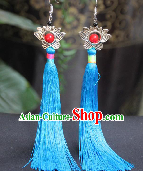Chinese Traditional Ethnic Blue Tassel Lotus Earrings National Ear Accessories for Women