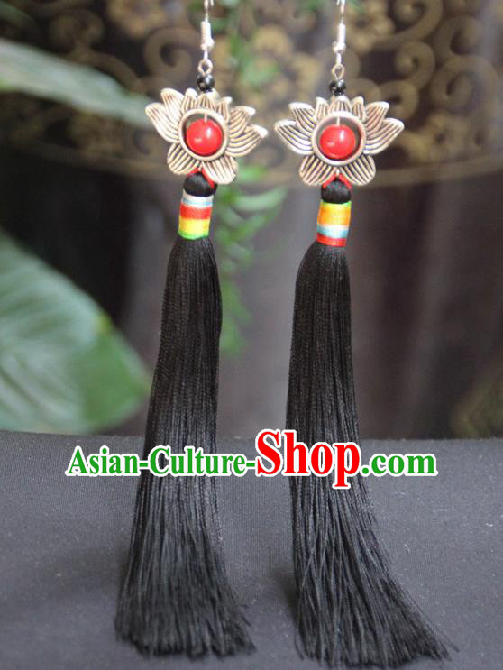 Chinese Traditional Ethnic Black Tassel Lotus Earrings National Ear Accessories for Women