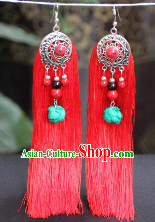 Chinese Traditional Ethnic Earrings National Red Tassel Ear Accessories for Women