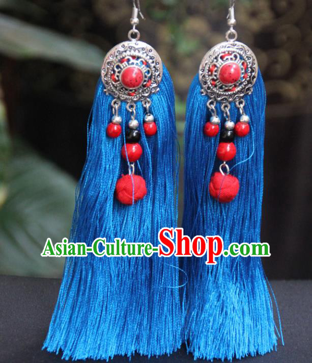 Chinese Traditional Ethnic Earrings National Blue Tassel Ear Accessories for Women