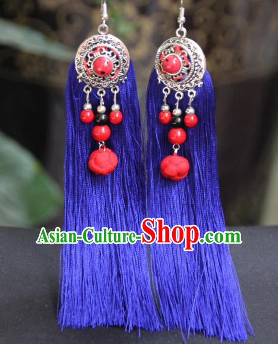 Chinese Traditional Ethnic Earrings National Royalblue Tassel Ear Accessories for Women