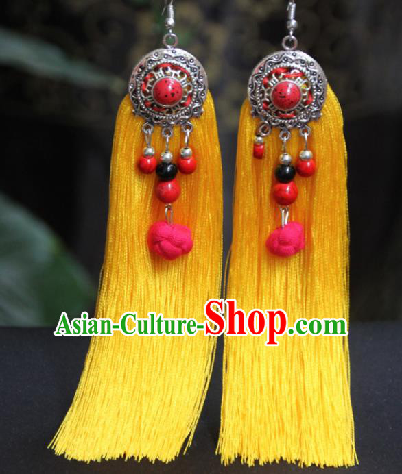 Chinese Traditional Ethnic Earrings National Yellow Tassel Ear Accessories for Women