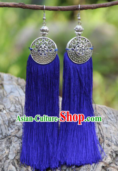 Chinese Traditional Ethnic Bride Earrings National Royalblue Tassel Ear Accessories for Women