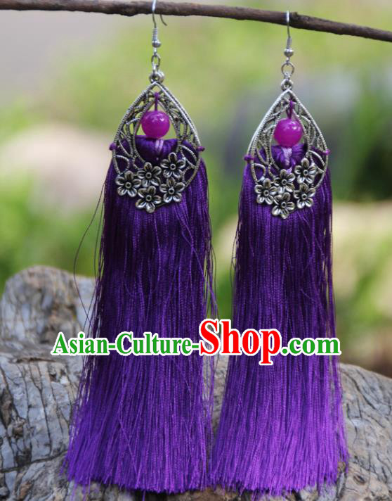 Chinese Traditional National Ethnic Bride Earrings Purple Tassel Ear Accessories for Women