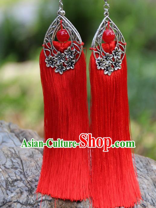 Chinese Traditional National Ethnic Bride Earrings Red Tassel Ear Accessories for Women
