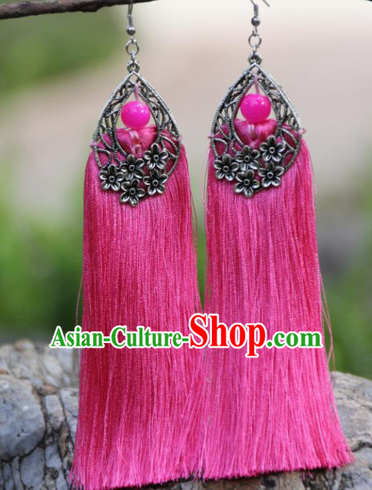 Chinese Traditional National Ethnic Bride Earrings Pink Tassel Ear Accessories for Women