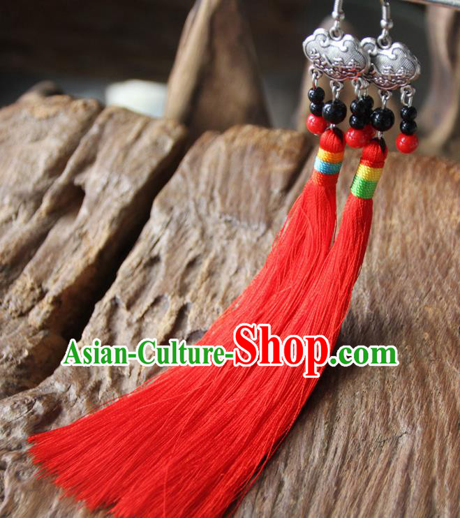 Chinese Traditional Ethnic Red Tassel Longevity Lock Earrings National Ear Accessories for Women