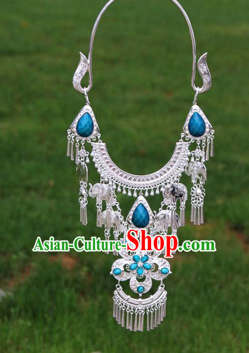 Chinese Traditional National Ethnic Flowers Tassel Blue Necklace Jewelry Accessories for Women