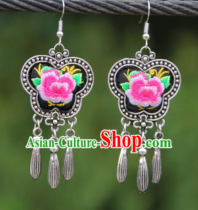 Chinese Traditional National Handmade Embroidered Pink Peony Earrings for Women